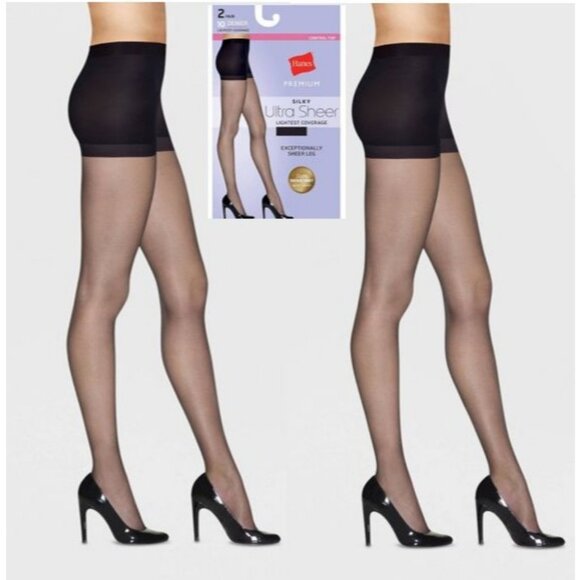 Hanes Premium Women's 2pk Ultra Sheer Run Resist Pantyhose Black M - Picture 1 of 7